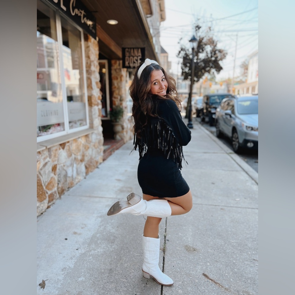 Black Fringe Mini Dress with Long Sleeve Detail